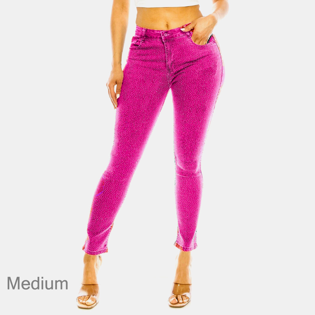 100225_Fuchsia, MEDIUM bling embellished denim stretch skinny jeans